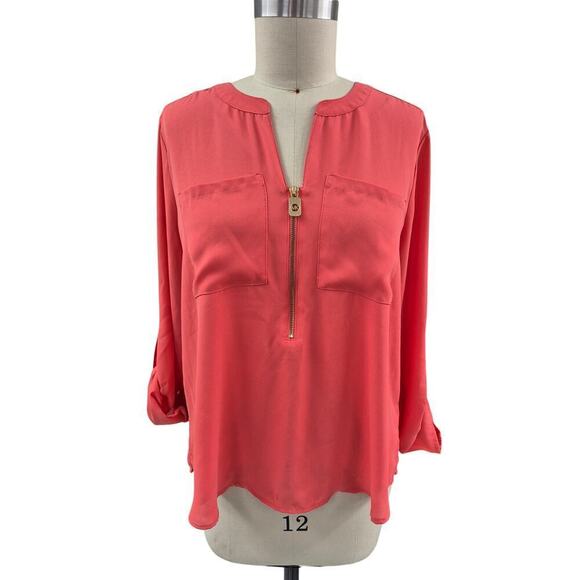 Michael Michael Kors Salmon Blouse Front Pockets Gold Zipper Poly/Crepe Sz XL - Picture 1 of 5
